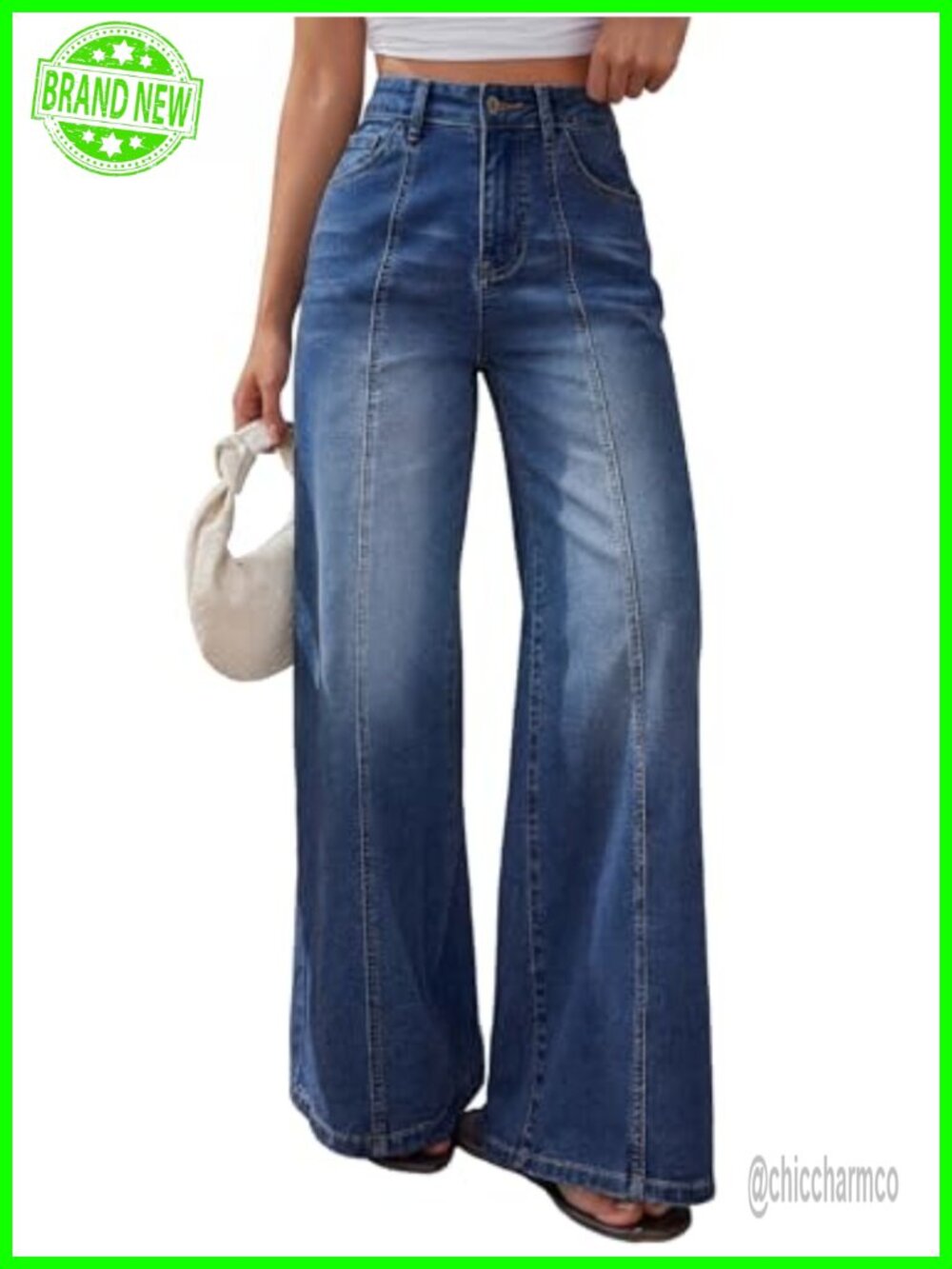 Wide Leg Baggy Jeans High Waisted Front Seam Pants Cotton Blend